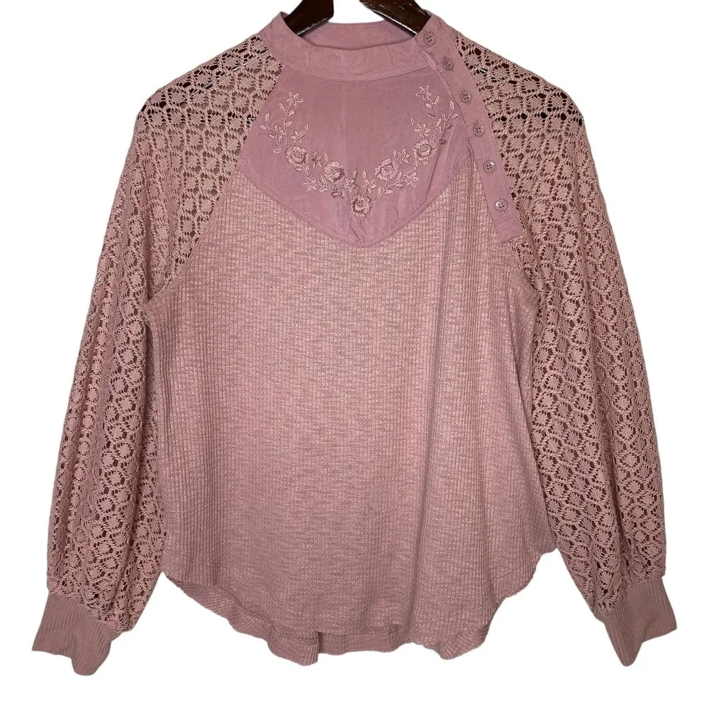 Free People Sweetest Thing Thermal Top Boho Balloon Sleeve Pink size XS